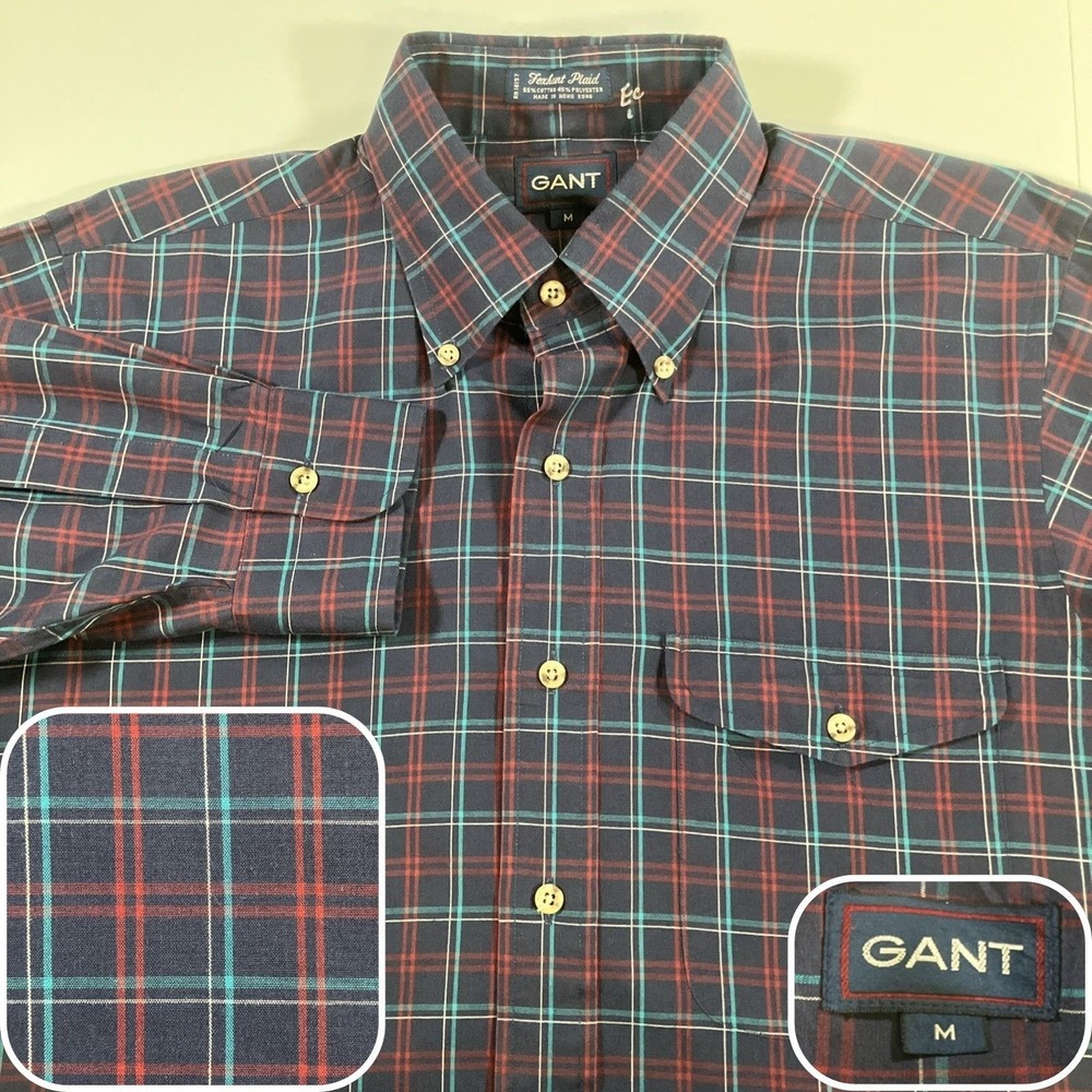 Gant Mens M Foxhunt‎ Plaid Shirt Button Down Cotton Blend Navy Red